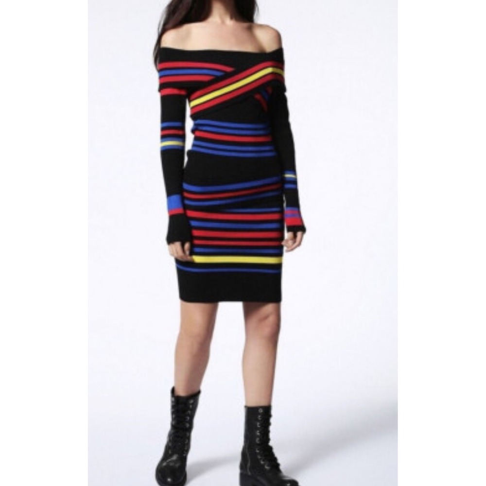 DIESEL Black Multi Color Stripe Off Shoulder Long Sleeve‎ Bodycon Dress size m/l